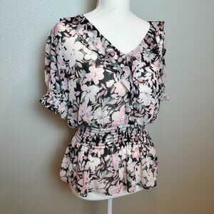 Anthropologie Everleigh Blouse Floral Ruffles Smocked Waist Short Sleeve Sz M